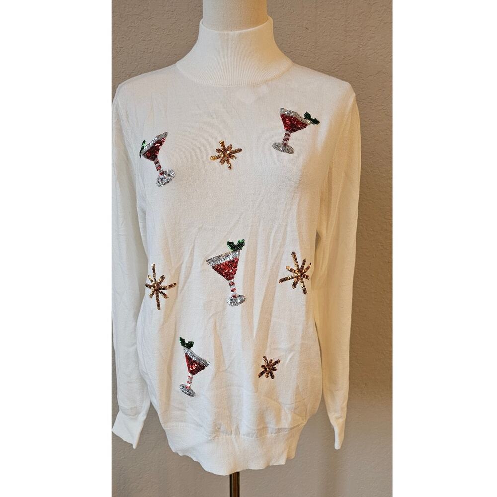 NWT Victoria Harbour Christmas Sequins Holiday Martinis‎ Turtleneck Sweater  XL